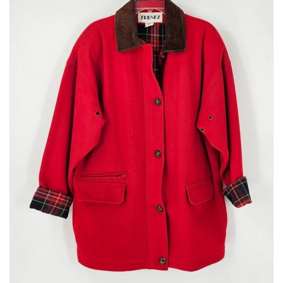 Vintage Trendz Women Red Wool Leather Collar Button Oversized Overcoat Jacket S - Picture 1 of 8